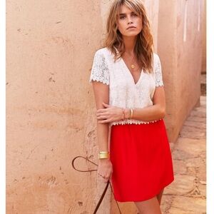 Sézane Robe Gloria White Red Lace Short Sleeve Parisian Mini Dress